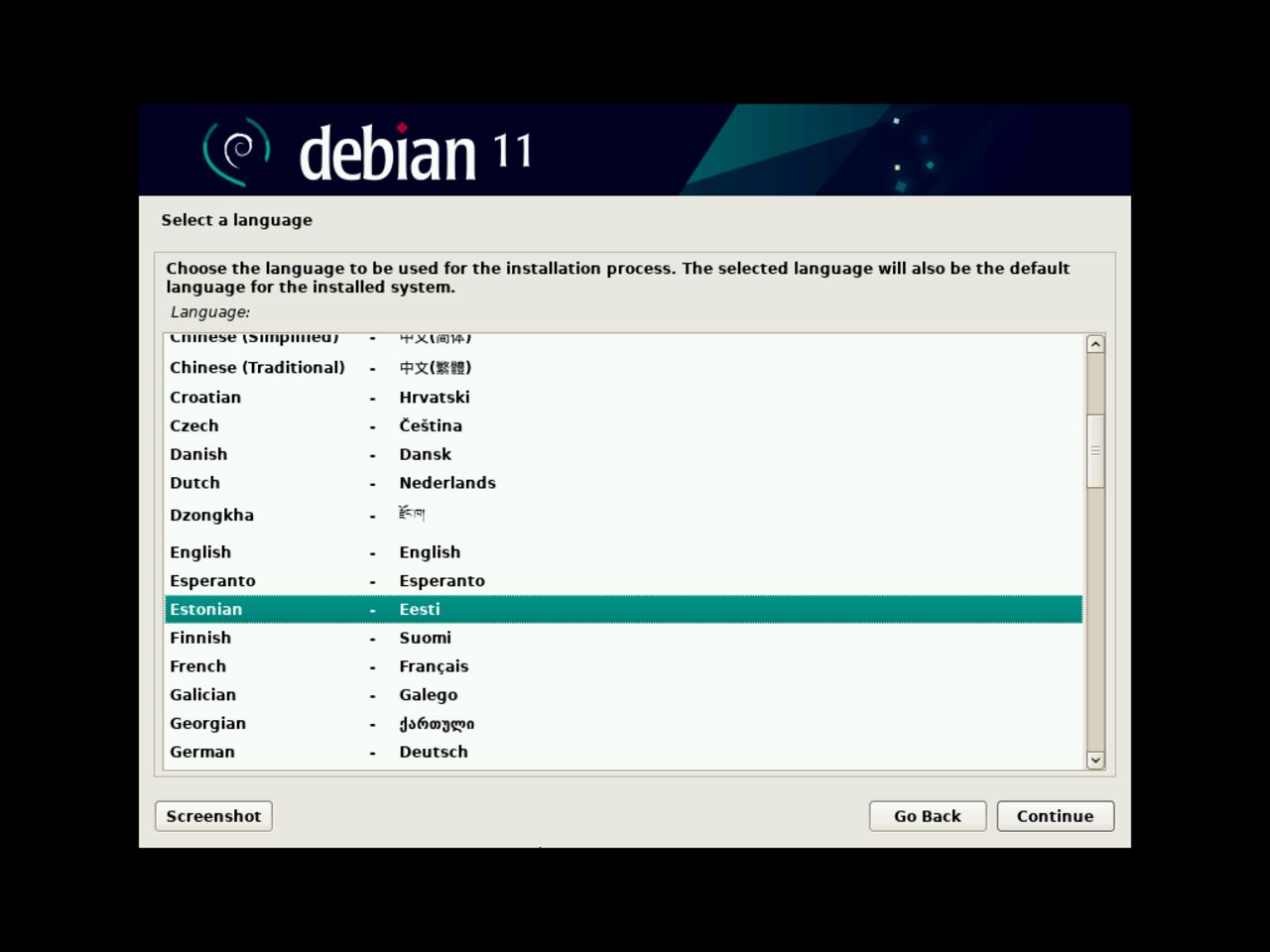 Minu esimene Linux sülearvuti - Valige debiani installatsiooni keel